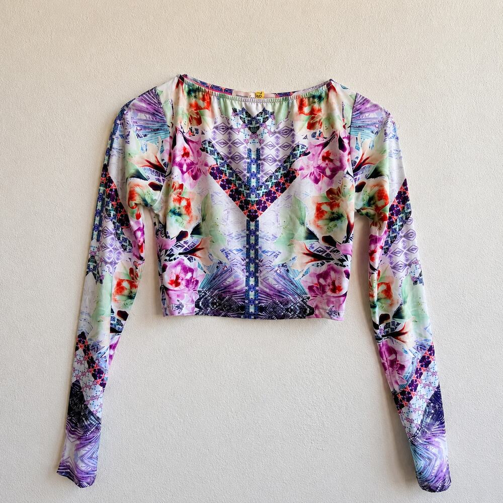 Nanette Lepore Swim Kaleidoscope Floral Crop Rash Guard Top Long Sleeve S Swim
